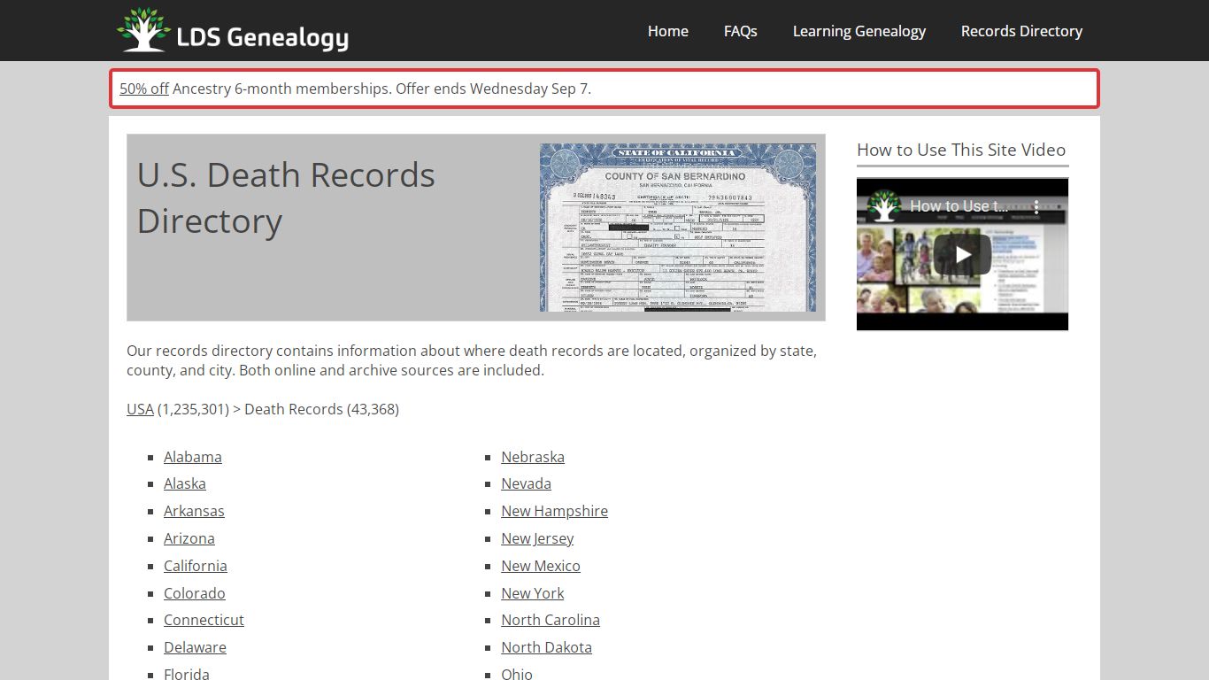 U.S. Death Records Directory - LDS Genealogy